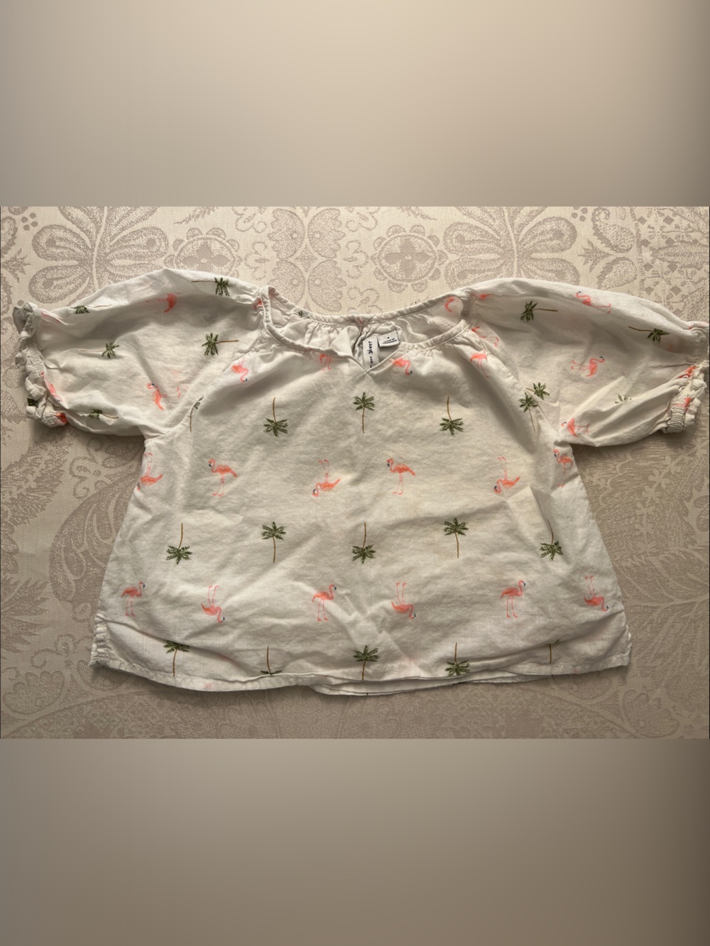 Janie and Jack White Top with Pink Flamingo & Green Palm Print